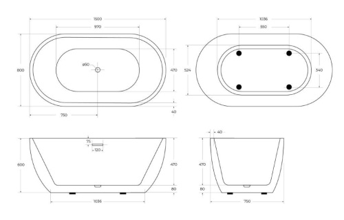 Отдельностоящая, овальная акриловая ванна  1500x800x600 BB70-1500-800 BELBAGNO