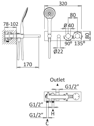 Встраиваемый термостатический смеситель для ванны и душа однорычажный CZR-B-VDM1-T-01 CEZARES