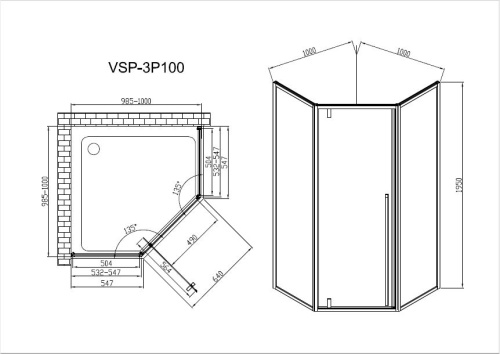 Душевой уголок, пятиугольный Penta VSP-3P100CLB 1000x1000x1950 цвет черный стекло прозрачное Vincea
