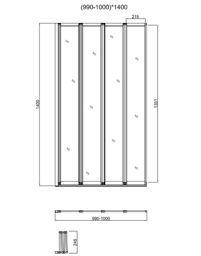 Шторка на ванну, складная из 4 секций  VSB-31100CL 1000х1400 цвет хром стекло прозрачное Vincea