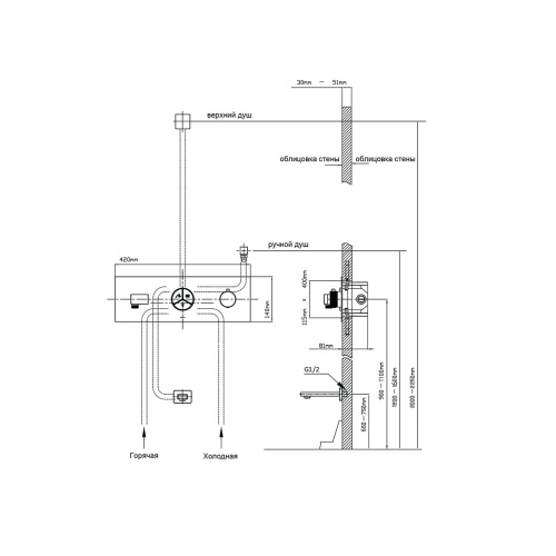 Встраиваемый смеситель для душа 3-х функциональный, термостатический с подводкой воды и держателем для душа            VSCV-432TMB черный Vincea